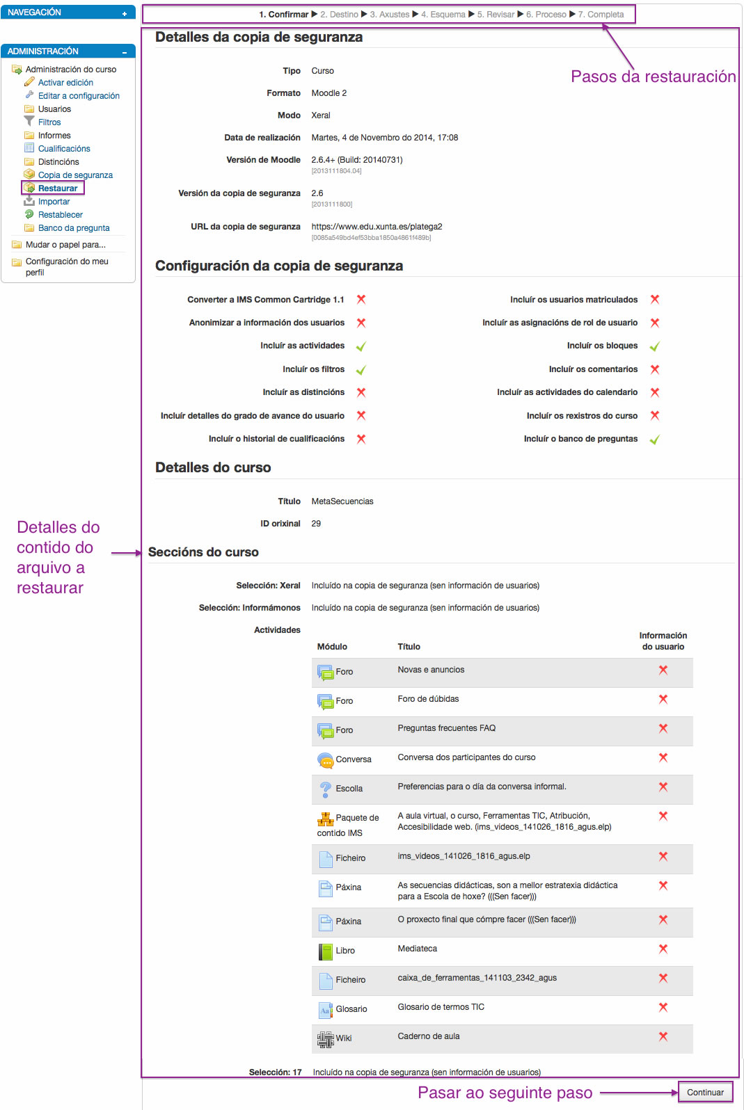 Configuración da restauración dunha copia de Seguridade en Moodle.