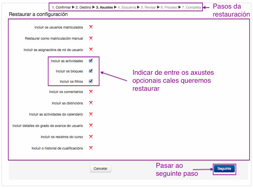 Configuración da restauración dunha copia de Seguridade en Moodle.