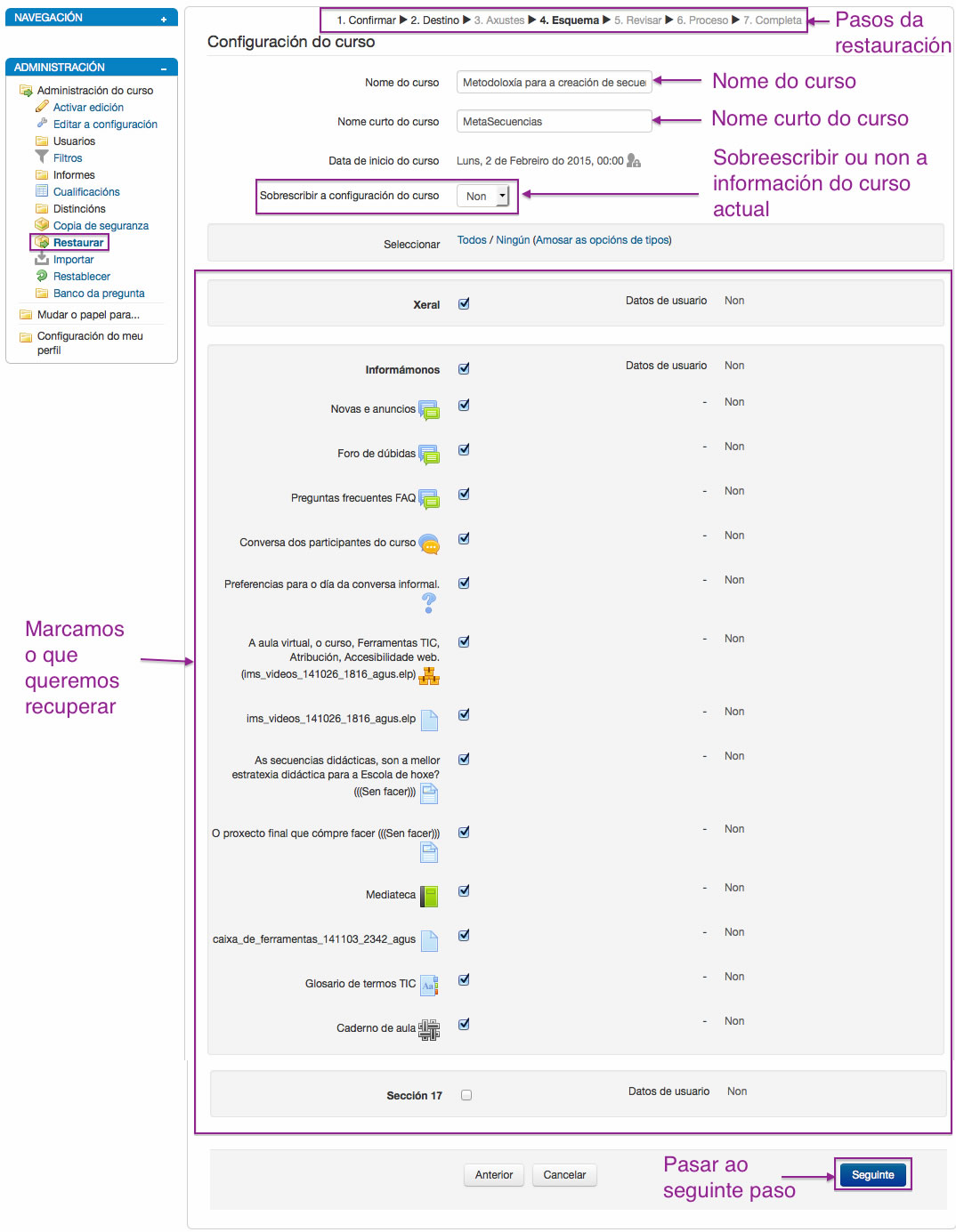 Configuración da restauración dunha copia de Seguridade en Moodle.