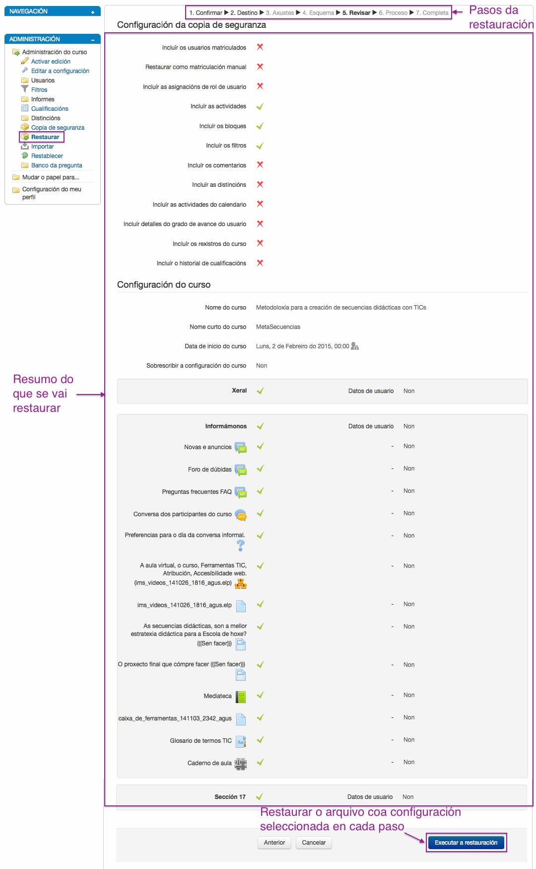 Configuración da restauración dunha copia de Seguridade en Moodle.
