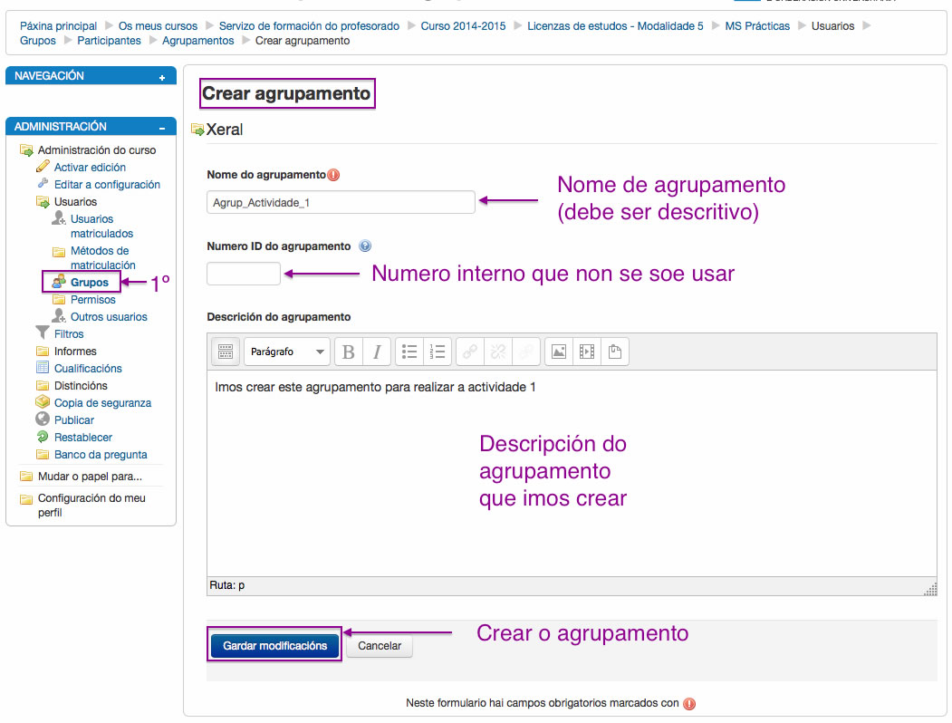 Creación dun agrupamento en Moodle.