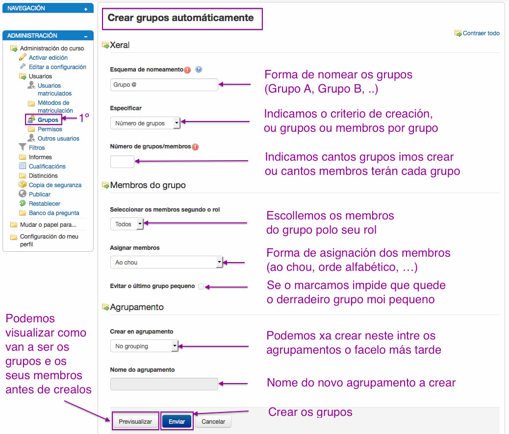 Crear Grupos de xeito automático en Moodle.