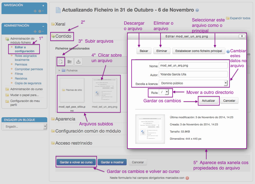 Engadir ou editar un arquivo a un recurso ou actividade en Moodle.