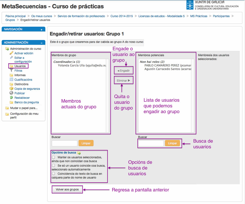 Engadir usuarios a un grupo en Moodle.