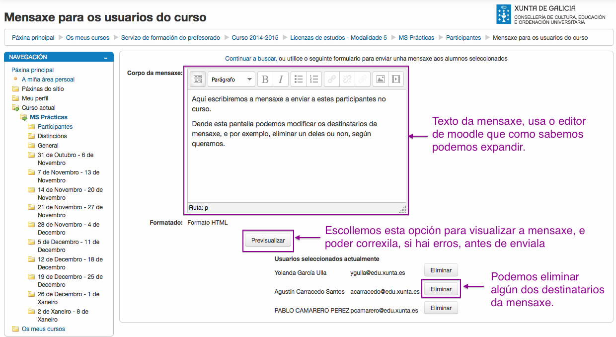 Escribir una mensaxe en Moodle.