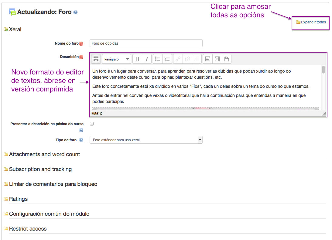 Pantalla de Moodle edición dun recurso de tipo Foro.