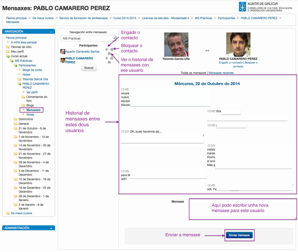 Historial de mensaxes cun usuario en Moodle.