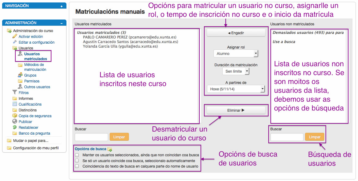 Matriculación de usuarios nun curso en Moodle.