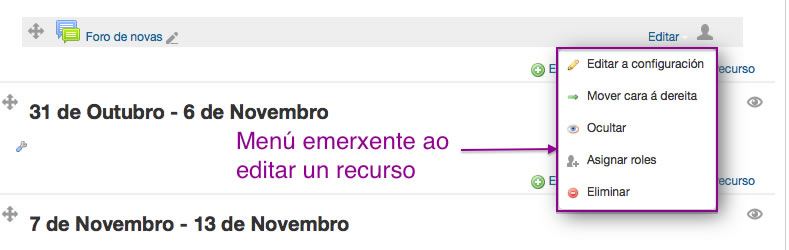 Pantalla de Moodle edición dos recursos.