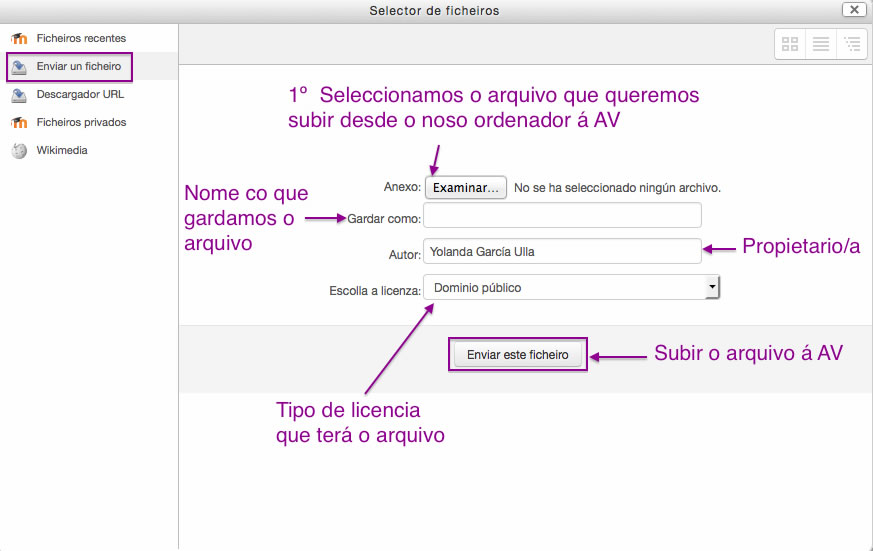 Opción Menú Selector Arquivos. Enviar arquivo. Moodle.