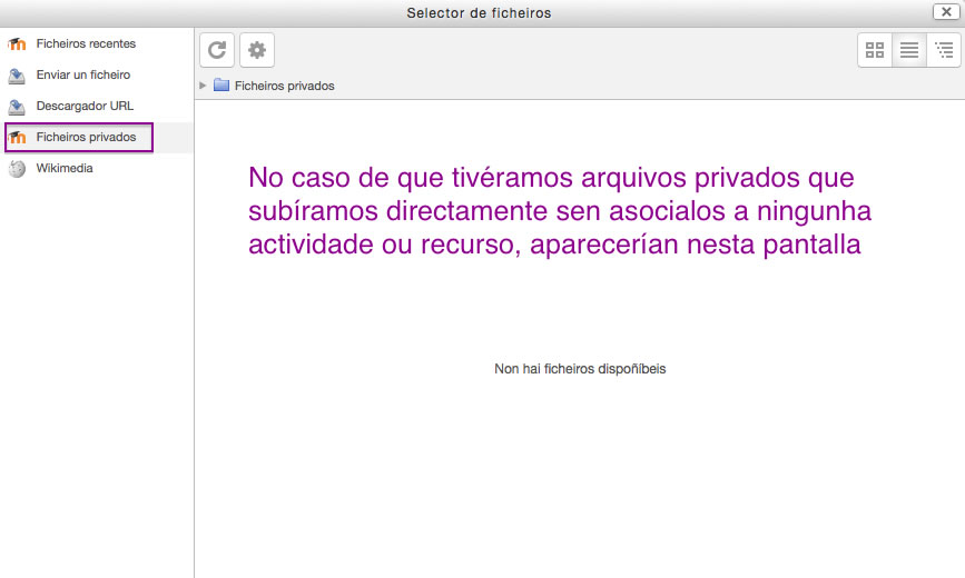 Opción Menú Selector Arquivos. Arquivos Privados. Moodle.