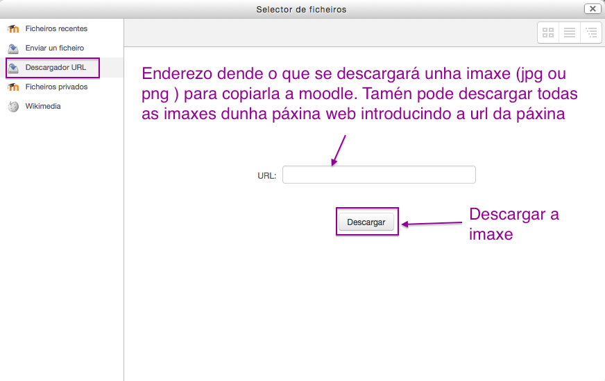 Opción Menú Selector Arquivos. Descargar URL. Moodle.