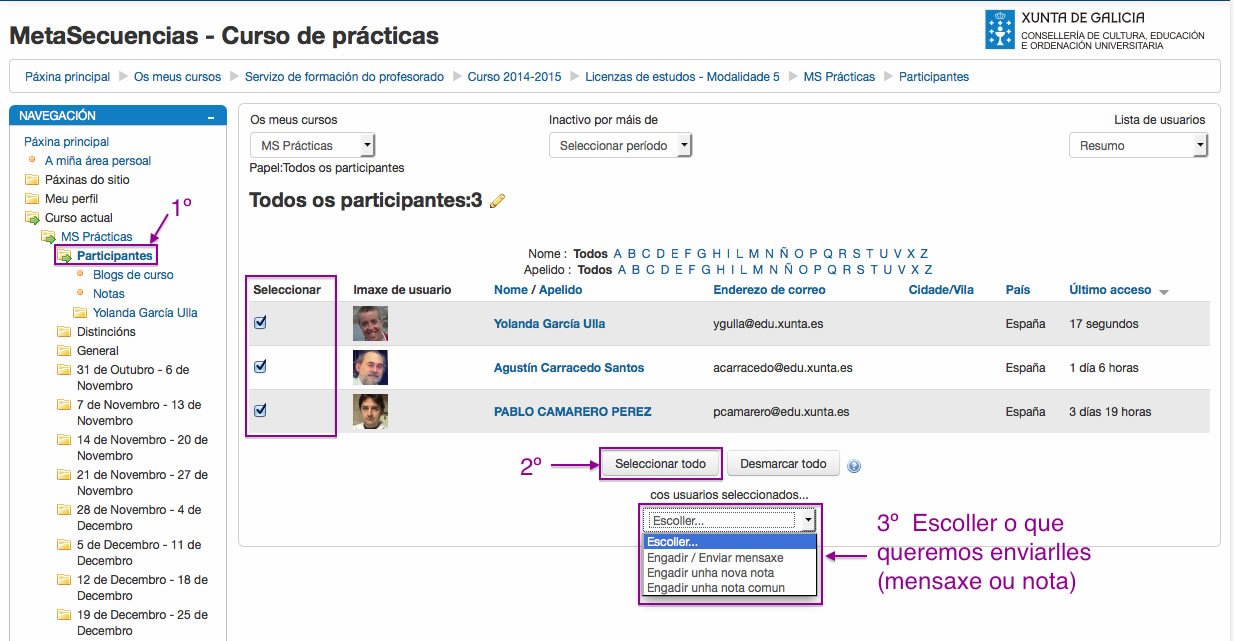 Envío dunha mensaxe en Moodle.