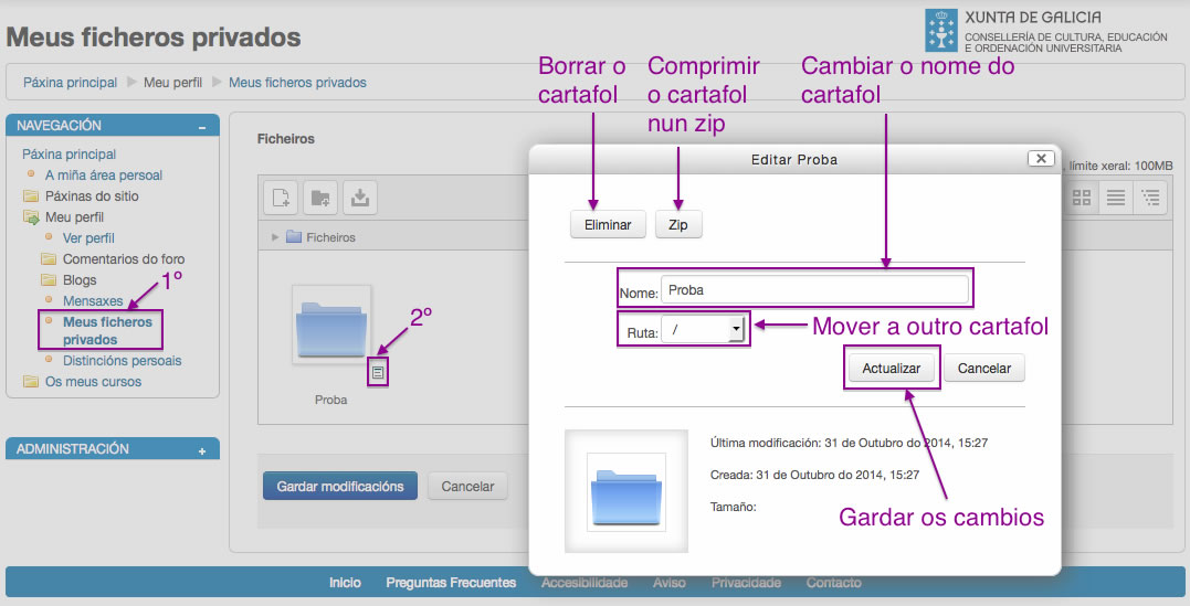 Propiedades dun cartafol en Moodle.