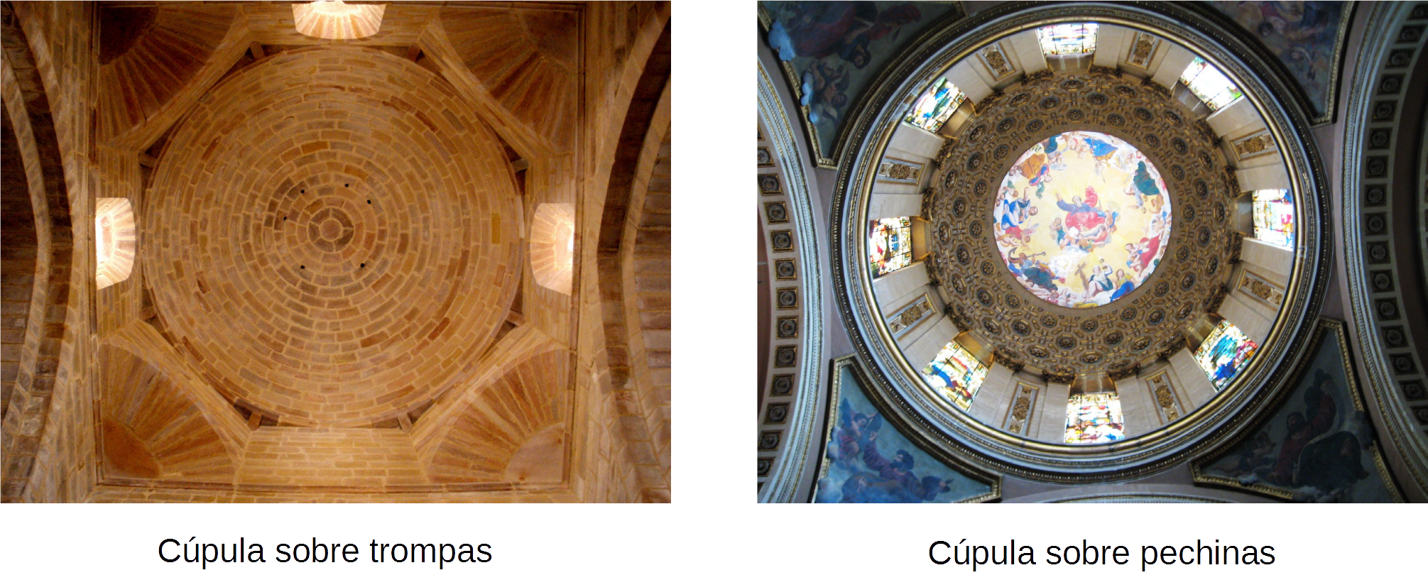 Dos fotos de cpupulas, una sobre trompas y otra sobre pechinas.