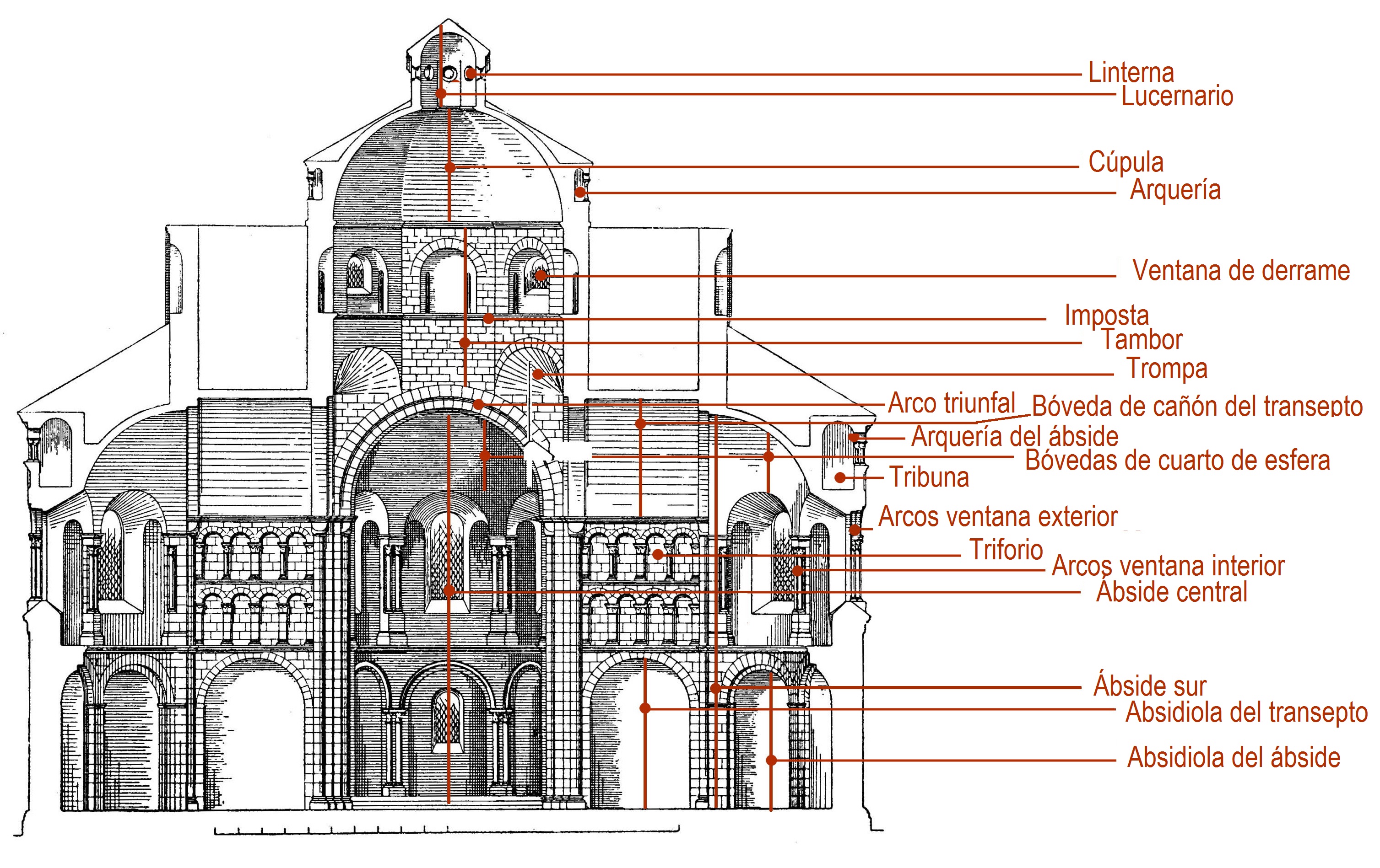 Dibujo de la secci&oacute;n de la iglesia de los Santos Ap&oacute;stoles de Colonia, con indicaci&oacute;n de los elementos principales.