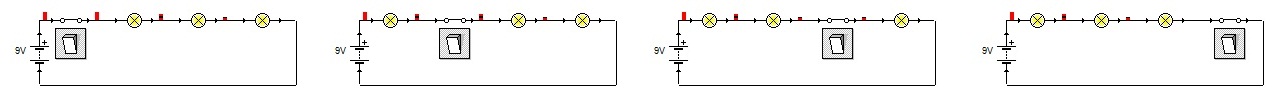 Imagen con s&iacute;mbolos de tres circuitos con tres l&aacute;mparas en serie y con posiciones distintas del interruptor.
