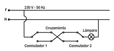 Esquema multifilar para el control de una l&aacute;mpara desde tres puntos