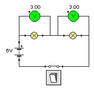 Esquema el&eacute;ctrico con dos l&aacute;mparas en serie e indicaci&oacute;n de volt&iacute;metro en los extremos de las l&aacute;mparas.