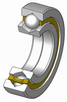 Rodamiento rígido de bolas. Ilustración de un rodamiento rígido de bolas. Se ven dos circunferencias metálicas encajadas una en otra y entre las dos pequeñas esferas metálicas.