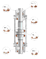 Dibujo esquematizado de un cilindro neumático. Está en posición vertical. Se ve el vástago en el interior del cuerpo del cilindro que divide la cámara en una parte superior y una parte inferior. En forma de globos están detallados en el los laterales las piezas en zoom.