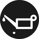 Pictograma sobre fondo negro redondo con figura de una aceitera goteando aceite.