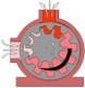 Imagen de una bomba de engranajes interno. El cuerpo es circular de color rojo, por la izquierda entra el fluido. Los engranajes de color gris están excéntricos en el cuerpo. Por la parte superior se indica con flechas la salida del fluido.