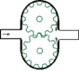 Animación del  funcionamiento de una bomba de  engranajes externos. Se ven dos ruedas dentadas en color verde una encima de otra. Por la izquierda entra el fluido que sale por la derecha del cuerpo.