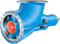 Dibujo de una bomba centrífuga sobre fondo rosa. Se ve la hélice en color azul en su interior.