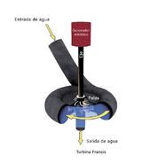 Dibujo de una turbina Francis. El fluido es impulsado por el centro de manera perpendicular al eje de giro hacia los álabes del rodete que está en posición horizontal. Se ve como gira el agua en una sección abierta en color azul.