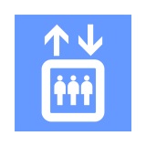 Símbolo de un elevador en color azul. Dentro de un cuadrado hay la figura de tres personas. Encima del cuadro hay dos flechas, una de subida y otra de bajada.