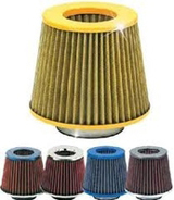 Imagen que muestran varios tipos de filtros de aire. Se ve un cono truncado con láminas encajadas en toda su superficie.