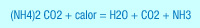 Reacción de descombosición del bicarbonato amónico dando amoniaco, dióxido de carbono y agua.