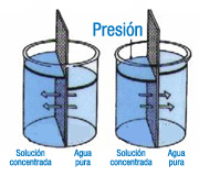 En la imagen podemos ver dos vasos de precipitados con agua y, en ambos una membrana semipermeable separando una solución concentrada d eagua limpia. . En un caso no hay presión y el agua limpia pasa a través de la membrana diluyendo la solución concentrada. En el otro hay presión y el agua pasa de la solución concentrada a la solución pura, dejando las sales retenidas en la membrana.
