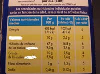Vemos una etiqueta nutricional en la que se indican los siguientes nutrientes: Energía, Hidratos de carbono, de los cuales..., grasas, de las cuales...., fibra alimentaria y sodio. Aparecen borradas tres palabras.