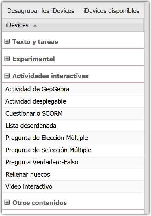 Pantallazo de actividades interactivas
