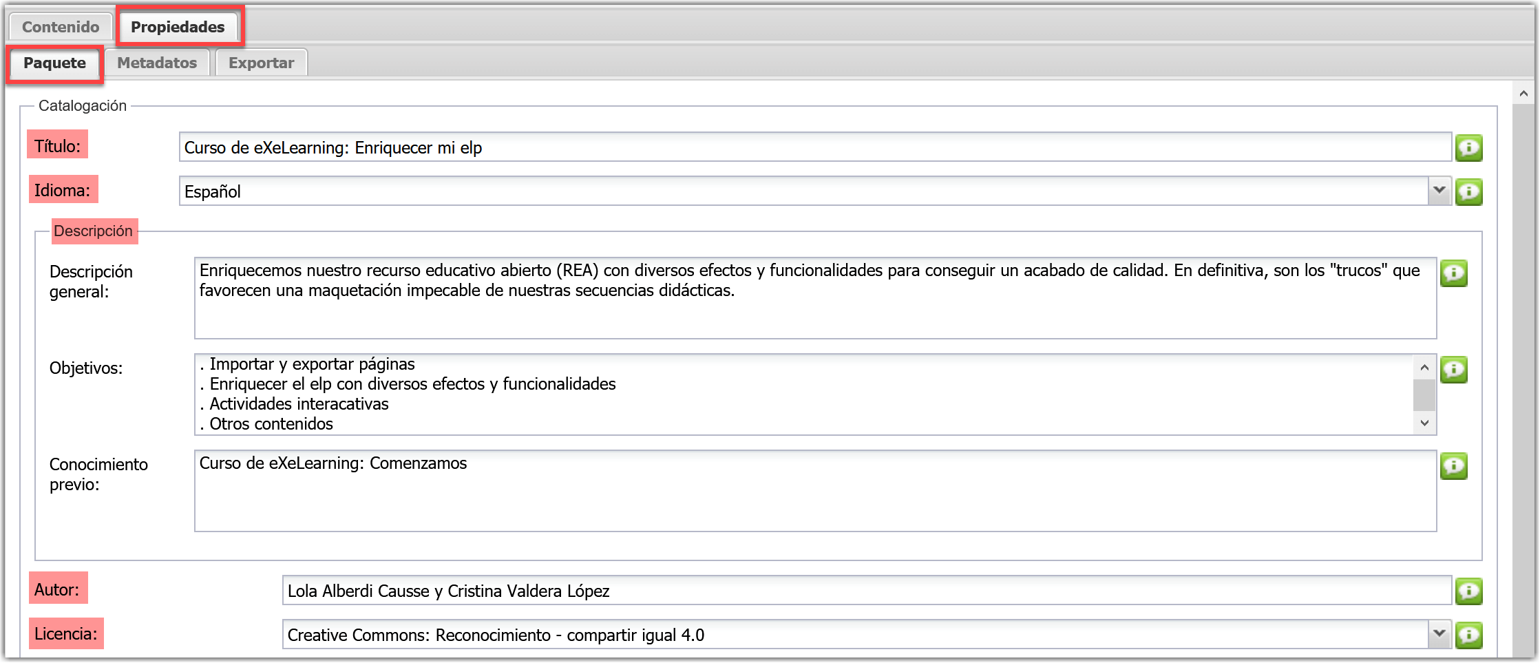 Pestaña propiedades rellena