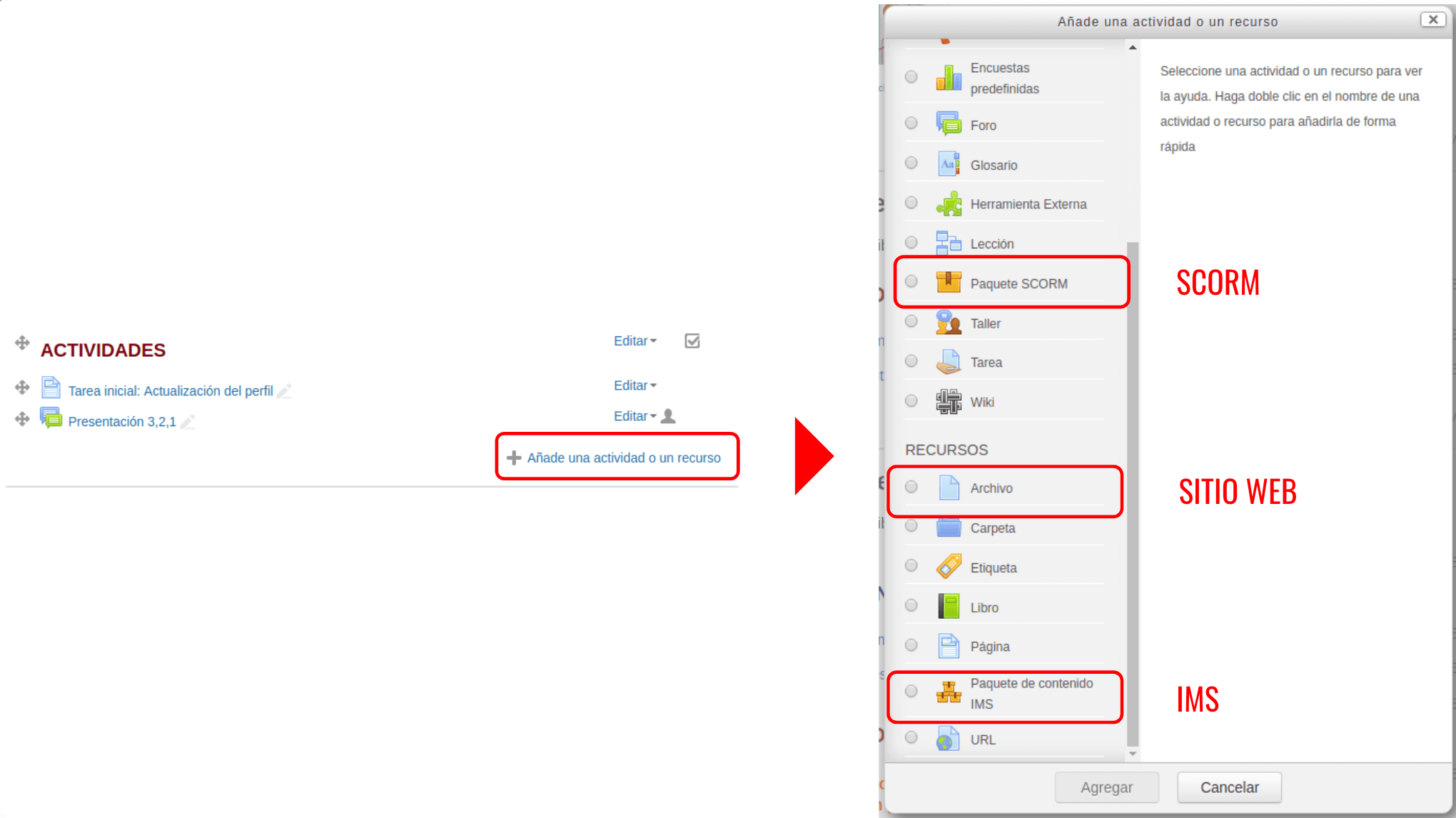 Opciones de publicación según el formato de exportación