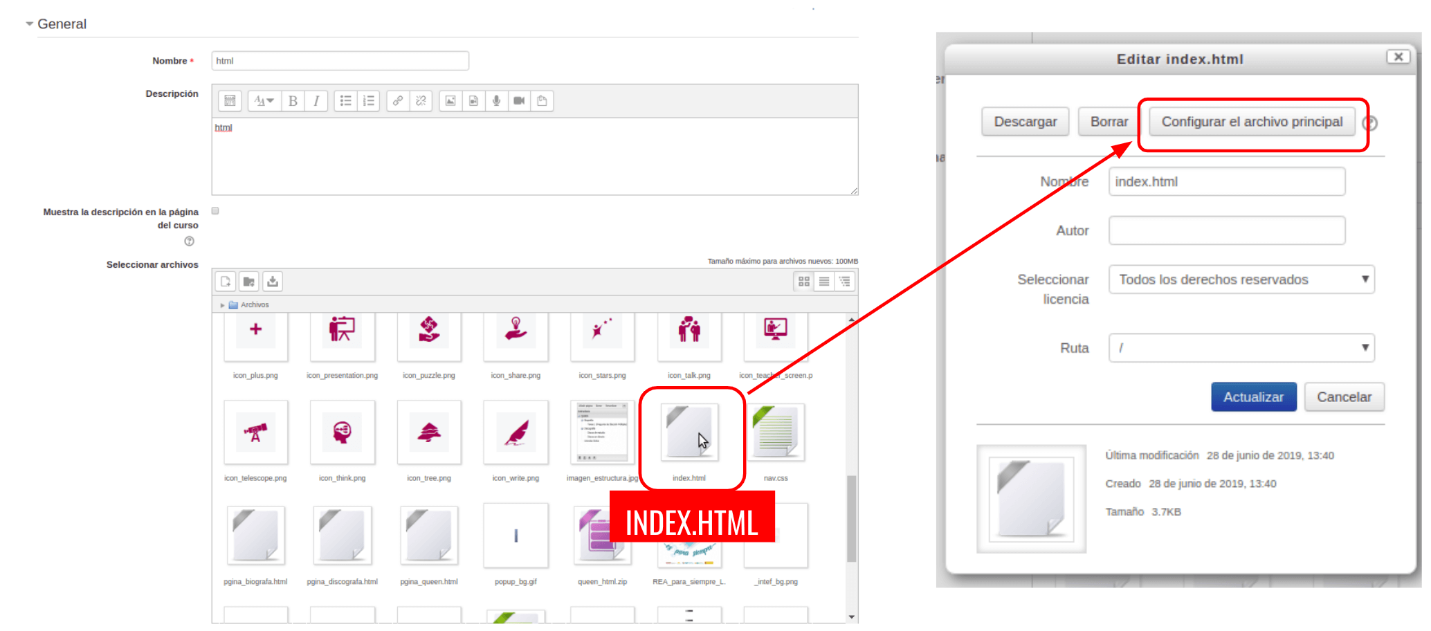 Publicar Sitio web en Moodle. Configurar index.html