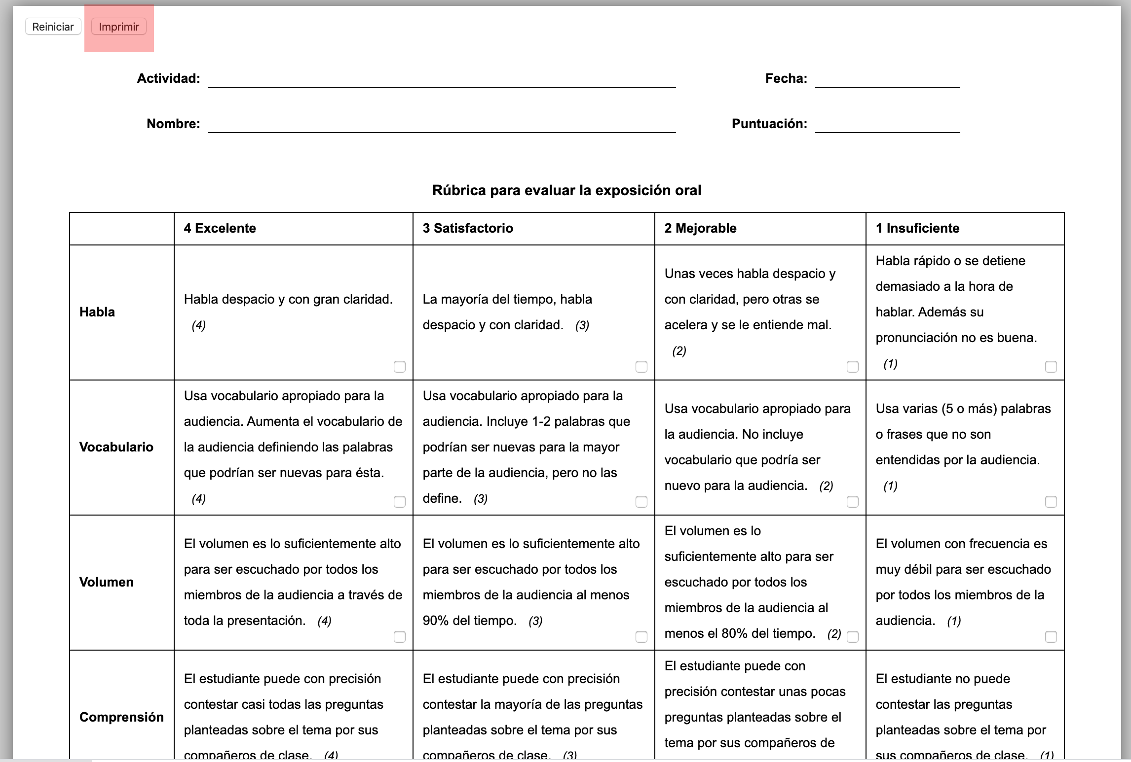 Aplicación de rúbrica