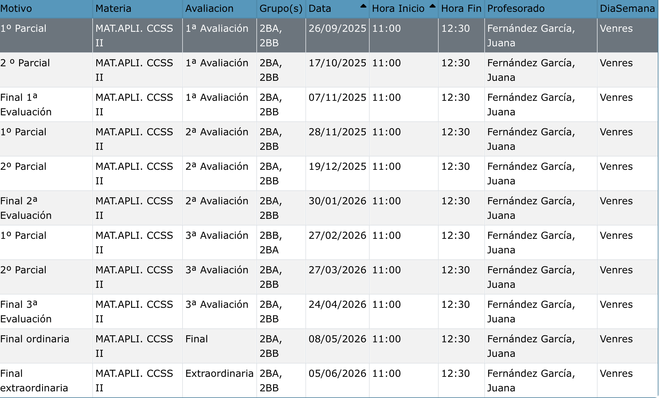 Calendario exámenes 