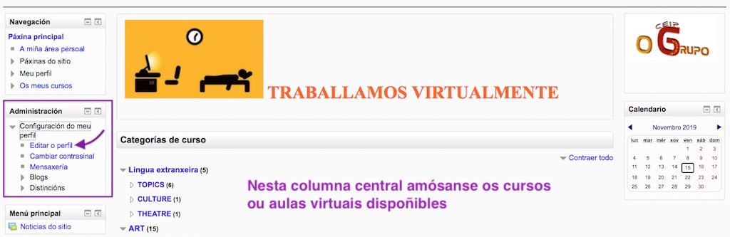 Navegar na páxina principal da aula virtual