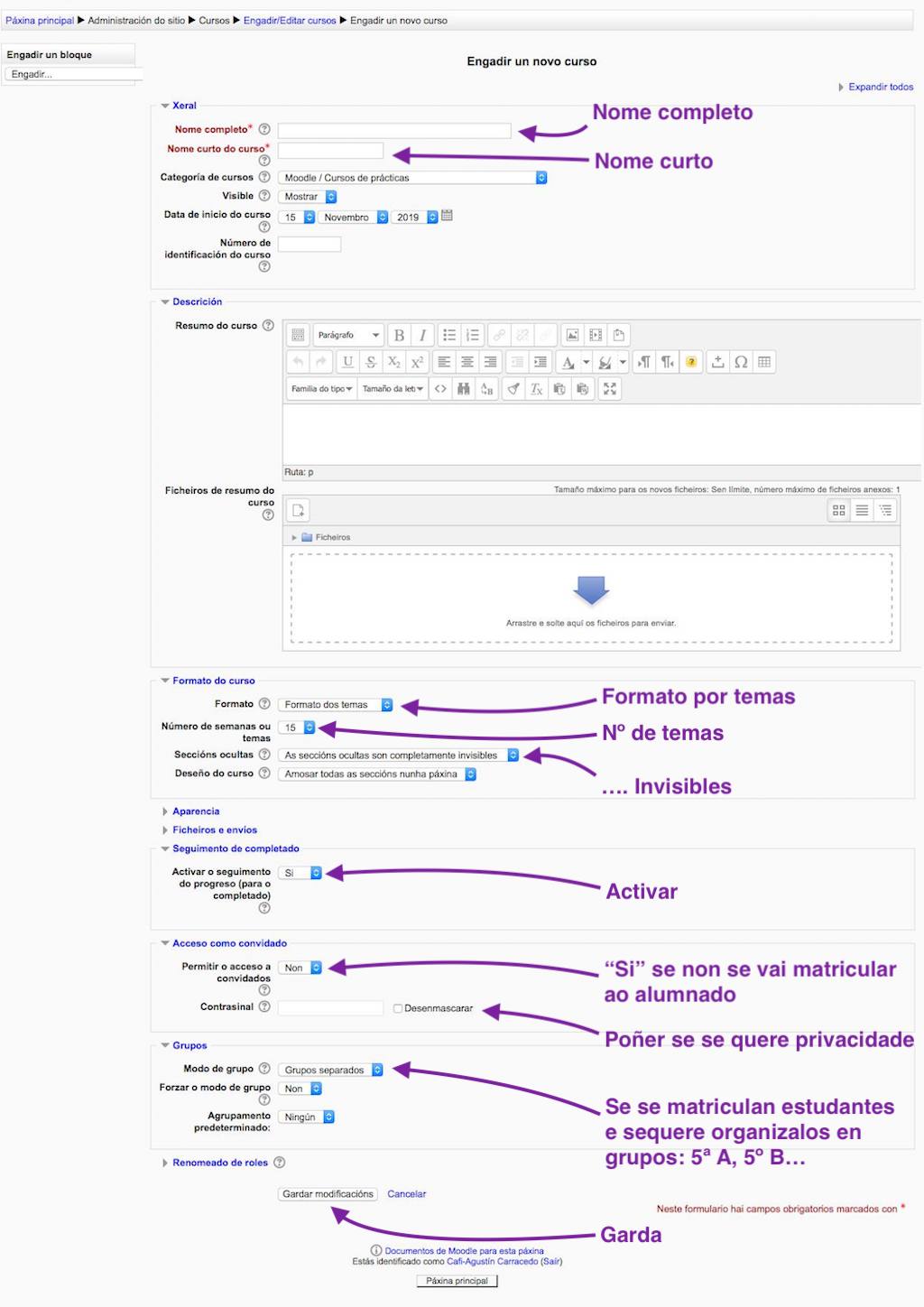 Configuración dun curso virtual