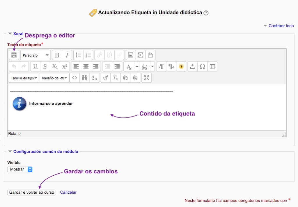 Editar a configuración dunha etiqueta