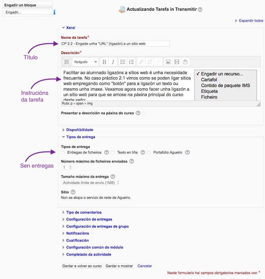 Configuración dunha tarefa sen entregas na aula virtual