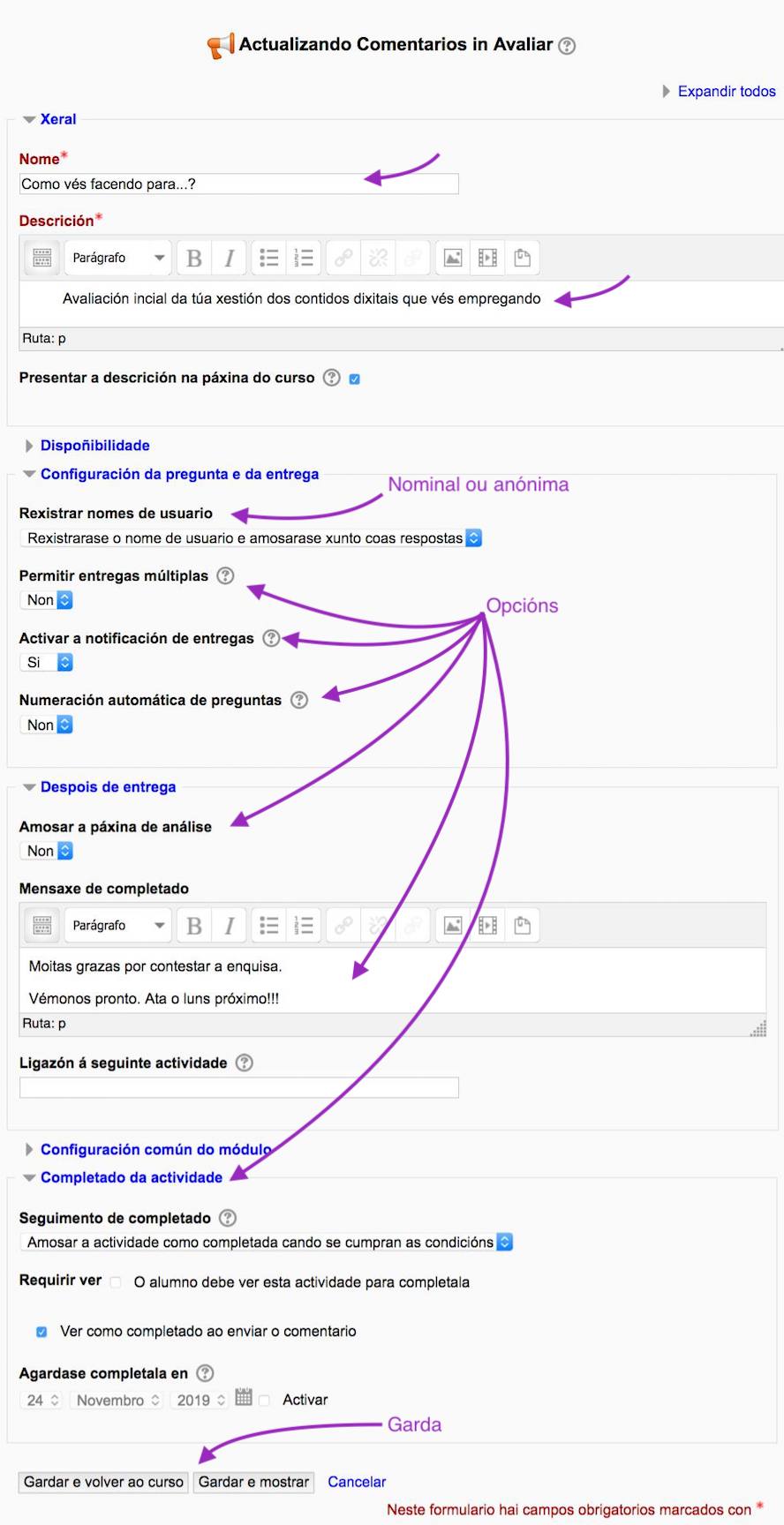 Configuración dunha actividade "Comentarios"
