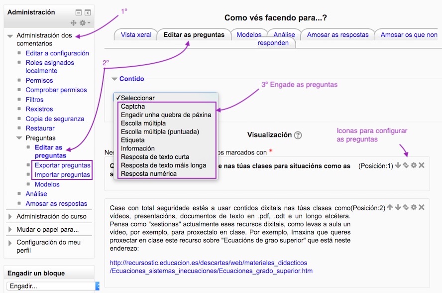 Configuración das preguntas dunha actividade Comentarios.