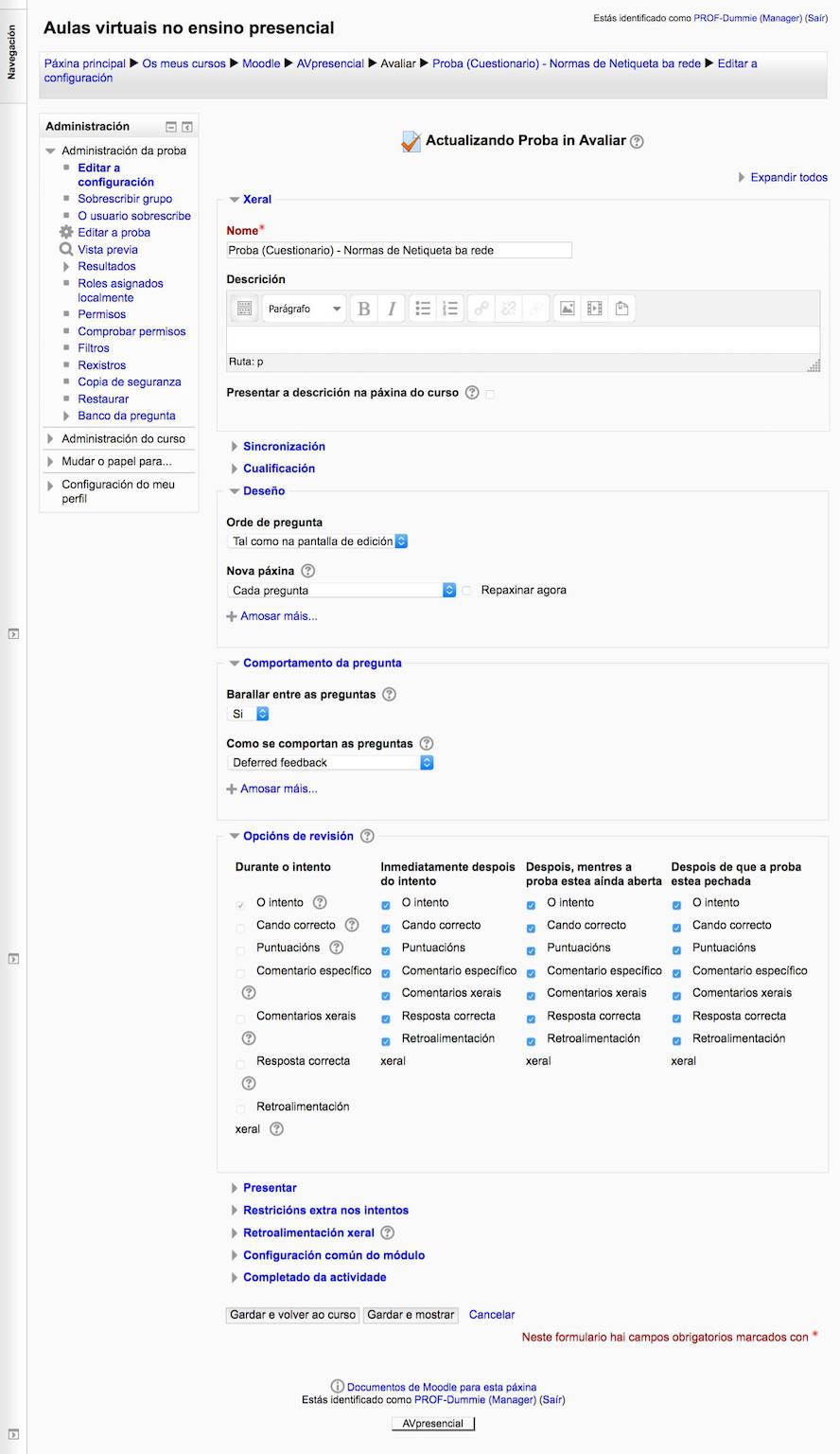 Configuración dunha proba