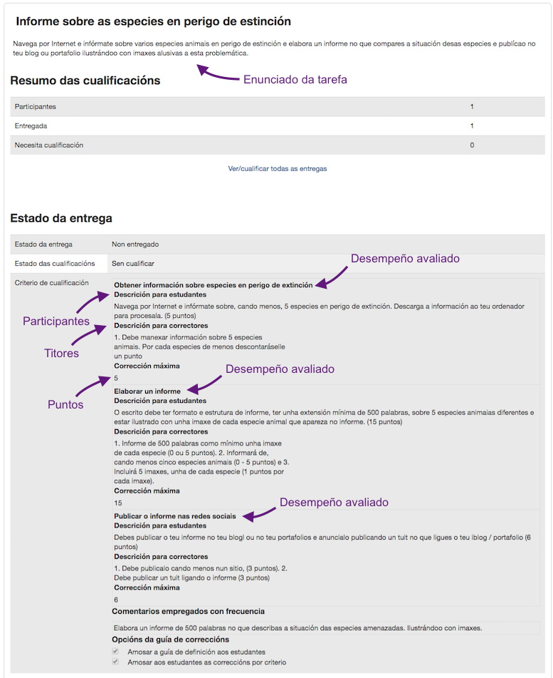 Exemplo de guía de corrección configurada