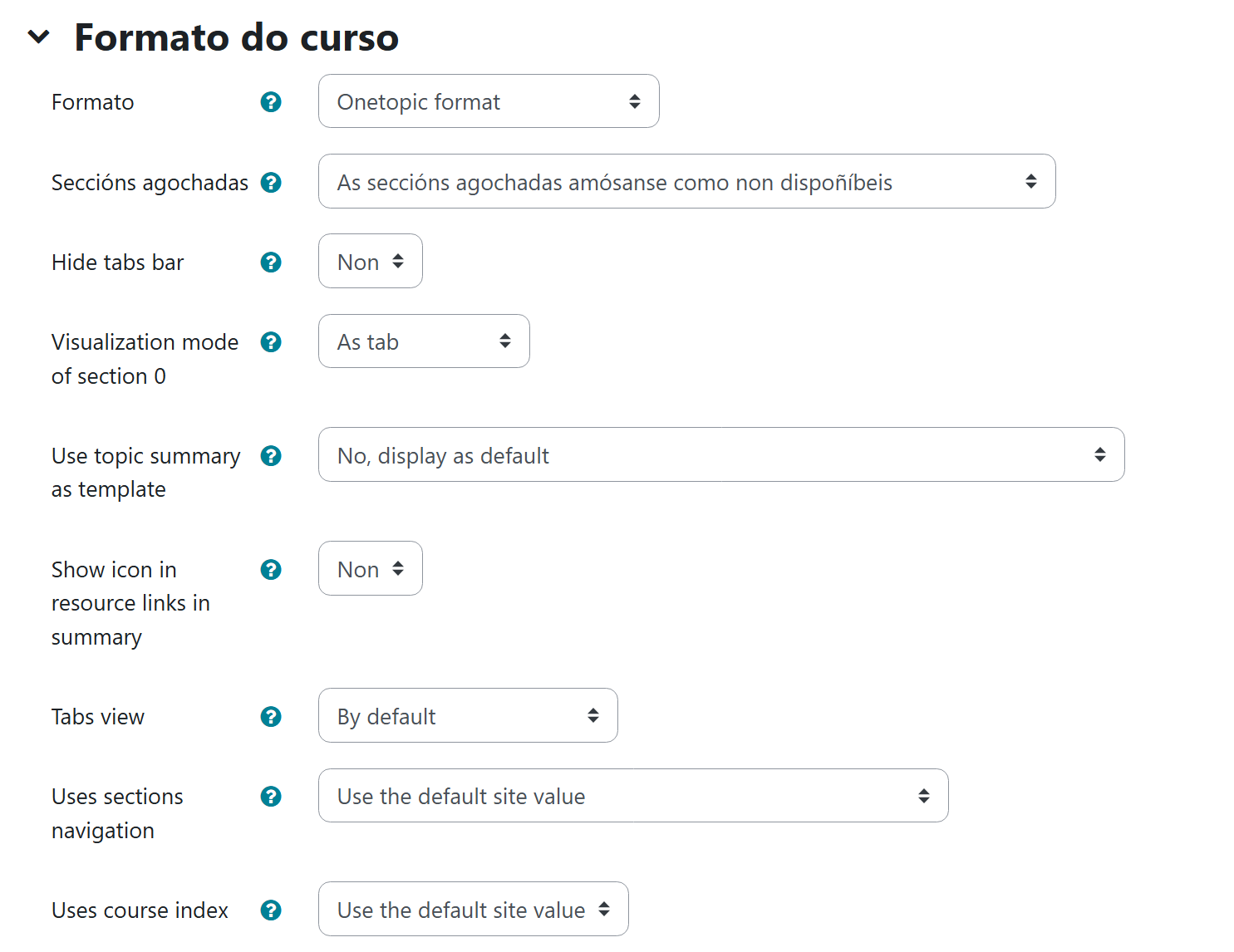 Opcións de formato do curso: onetopic format
